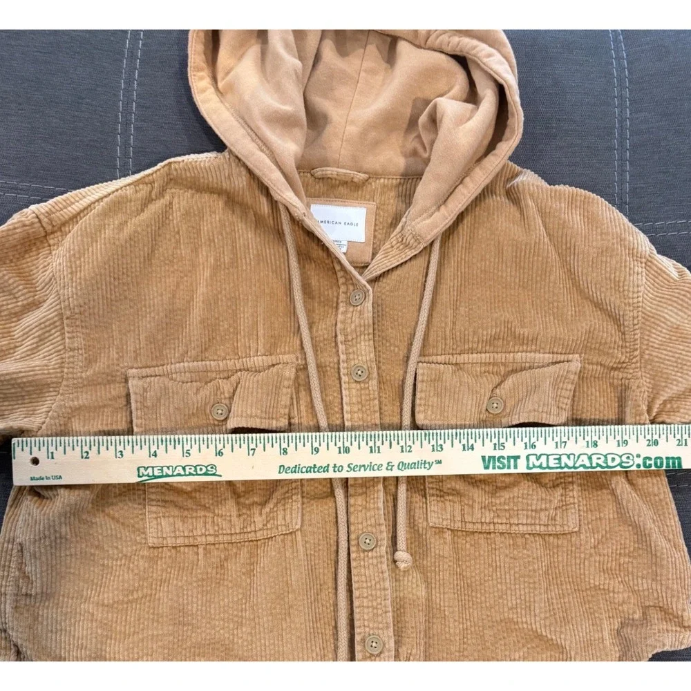 American Eagle Womens S Tan Corduroy Hooded Cropped‎ Button Front Jacket Shacket